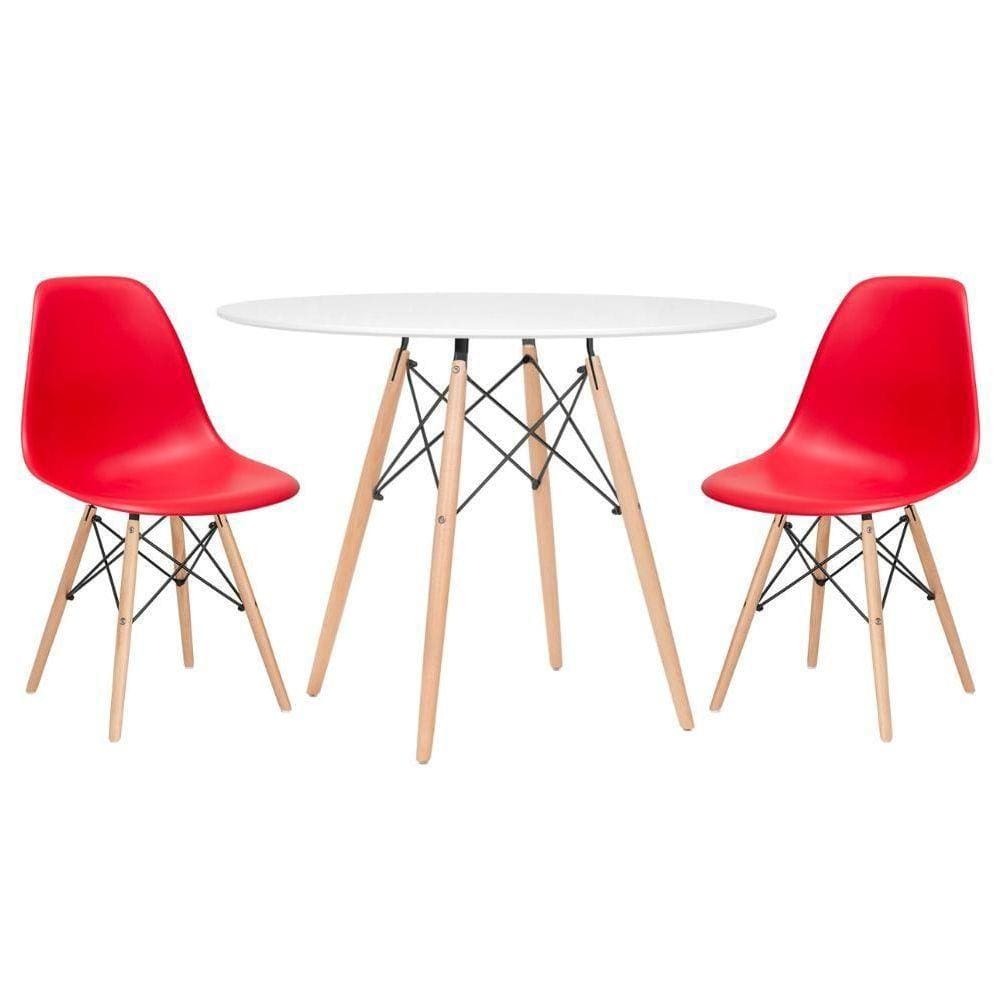 Mesa Redonda Eames 100cm Branco + 2 Cadeiras Vermelho