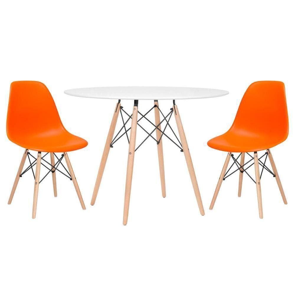 Mesa Redonda Eames 100cm Branco + 2 Cadeiras Laranja