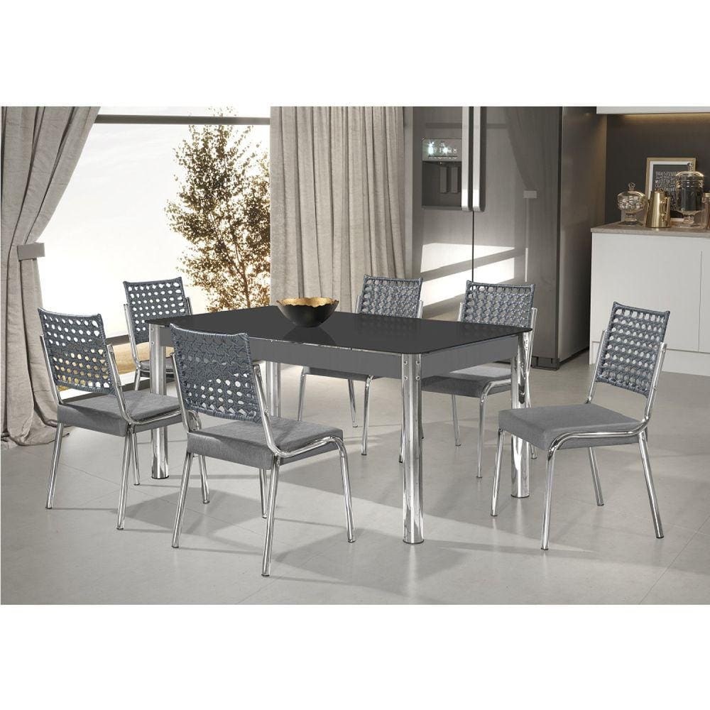 Conjunto Sala de Jantar Mesa Natani 160x90cm com 6 Cadeiras Natani Junco Aço Nobre Móveis Cinza/Preto/Cromado