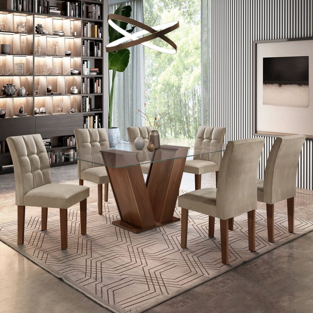 Conjunto Sala de Jantar Mesa Classic Tampo de Vidro 6 Cadeiras Vitória Cel Móveis Chocolate/Pena