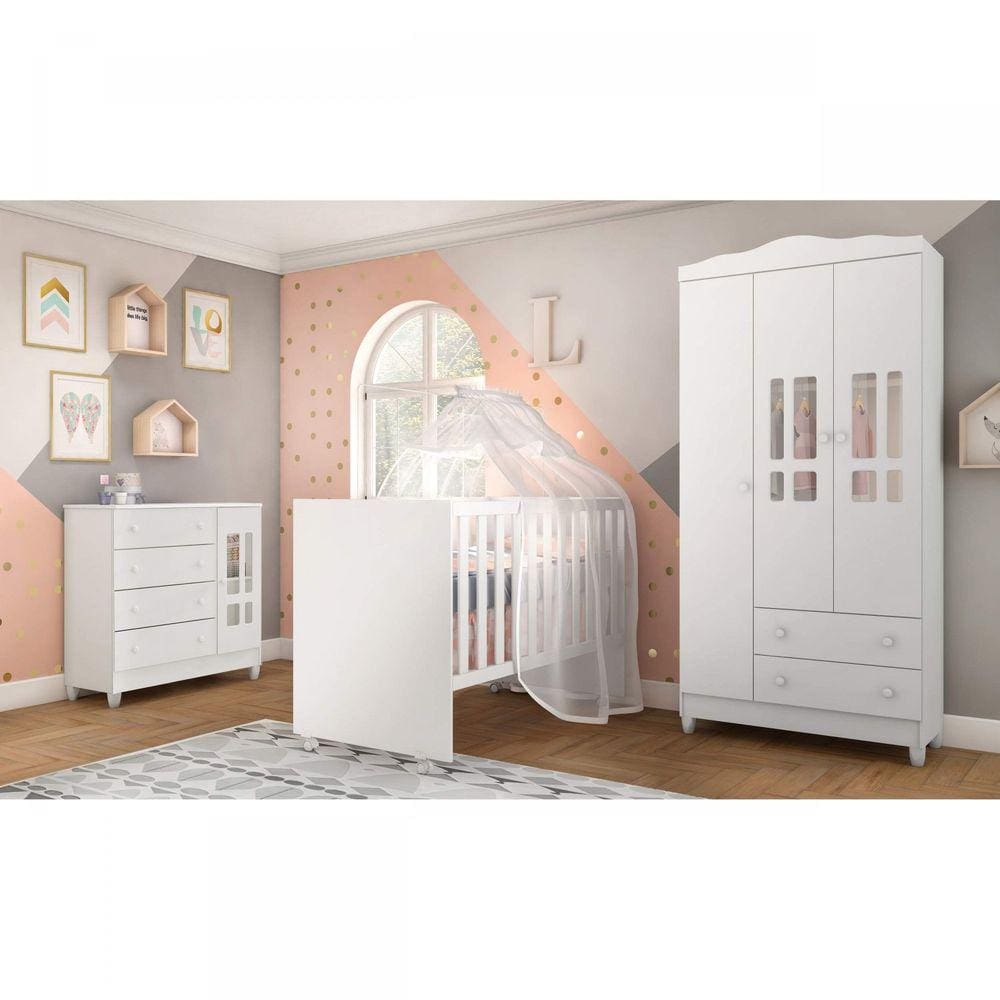 Quarto de Bebê 3 Portas com Comoda Fraldário Lidi Carolina Baby Branco