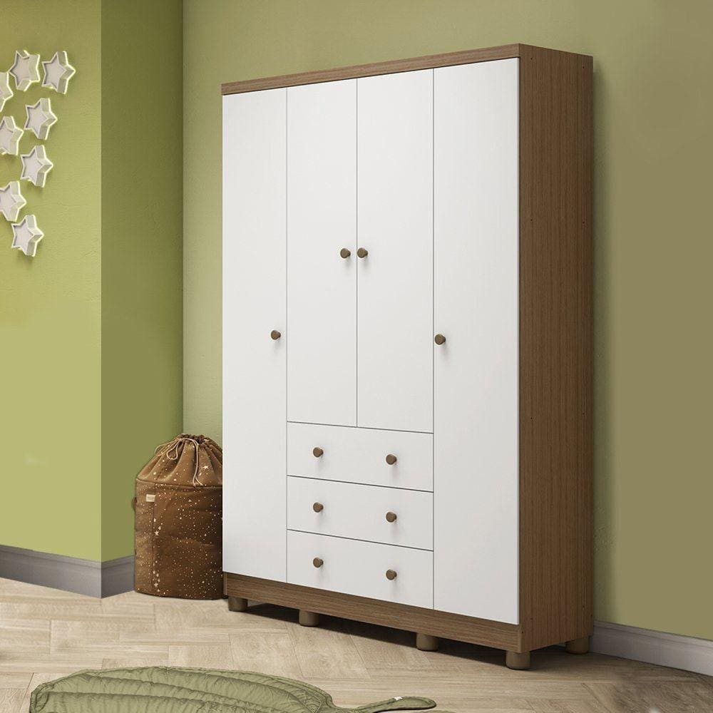 Guarda Roupa Infantil 4 Portas 3 Gavetas 100% MDF Júnior Móveis Peroba Branco Brilho/Carvalho