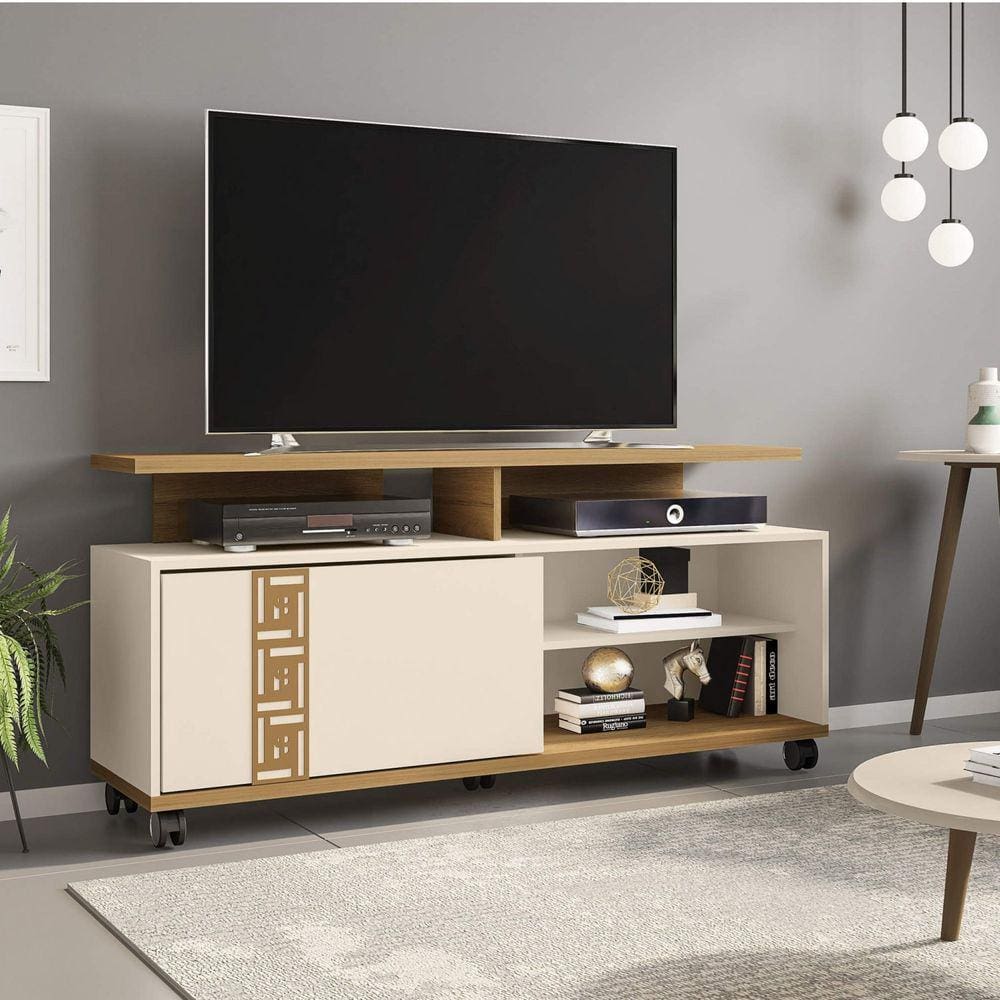 Rack Topázio Para TV até 52 Polegadas com 5 Rodízios Móveis Bechara Cinamomo/Off-White
