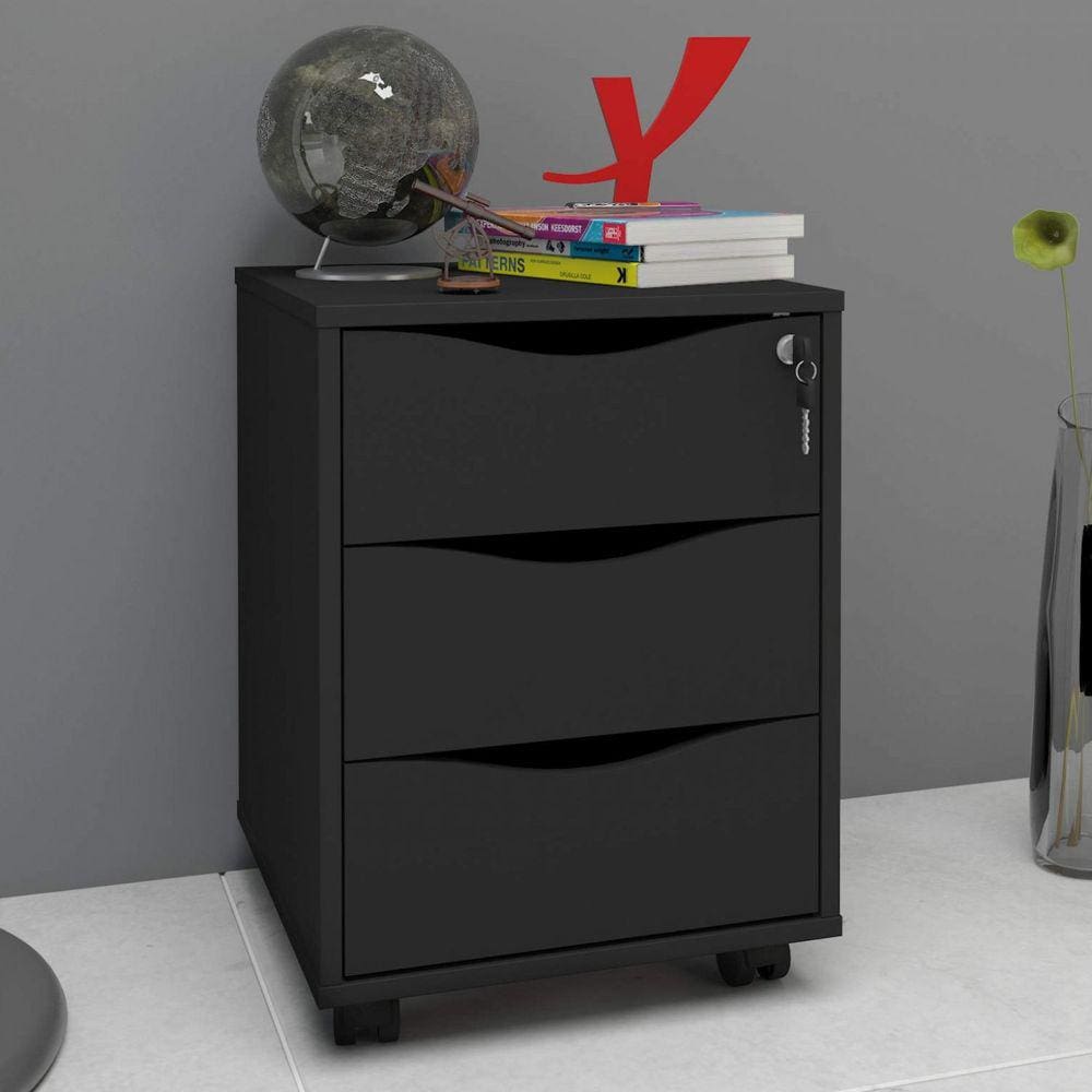 Gaveteiro 3 Gavetas com Chave e Rodinhas - Para Home Office e Escritório Face Artany - Preto Preto