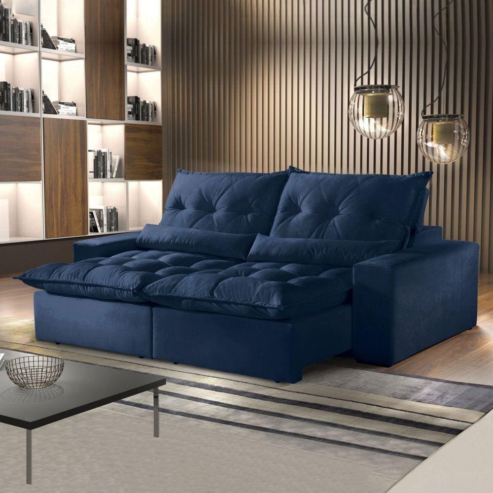 Sofá Retrátil e Reclinável 5 Lugares 290cm Avalon Super Pillow Montano Estofados Veludo Marinho
