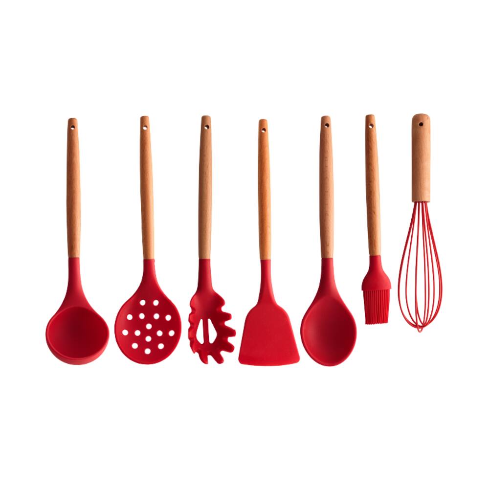Kit Utensílios Cozinha Silicone Vermelho Cabo Bambu Charmy Lyor