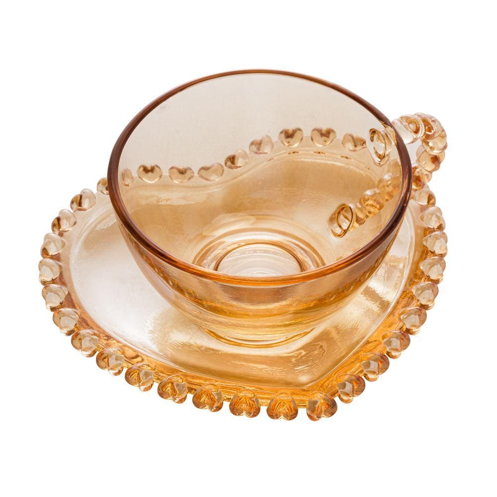Xícara P/Chá C/Pires Cristal Coração Âmbar Metalizado 170ml Lyor