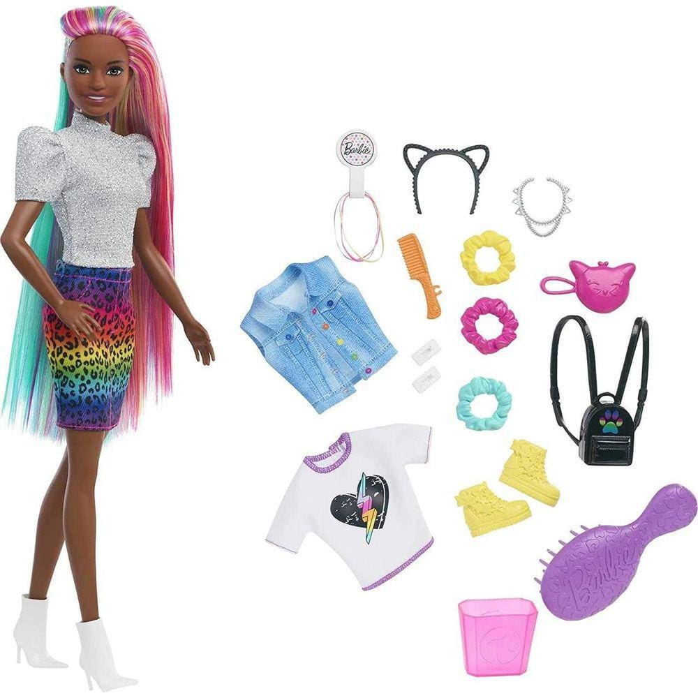 Boneca Barbie Cabelo Arco Iris Leopardo Negra - Mattel GRN80