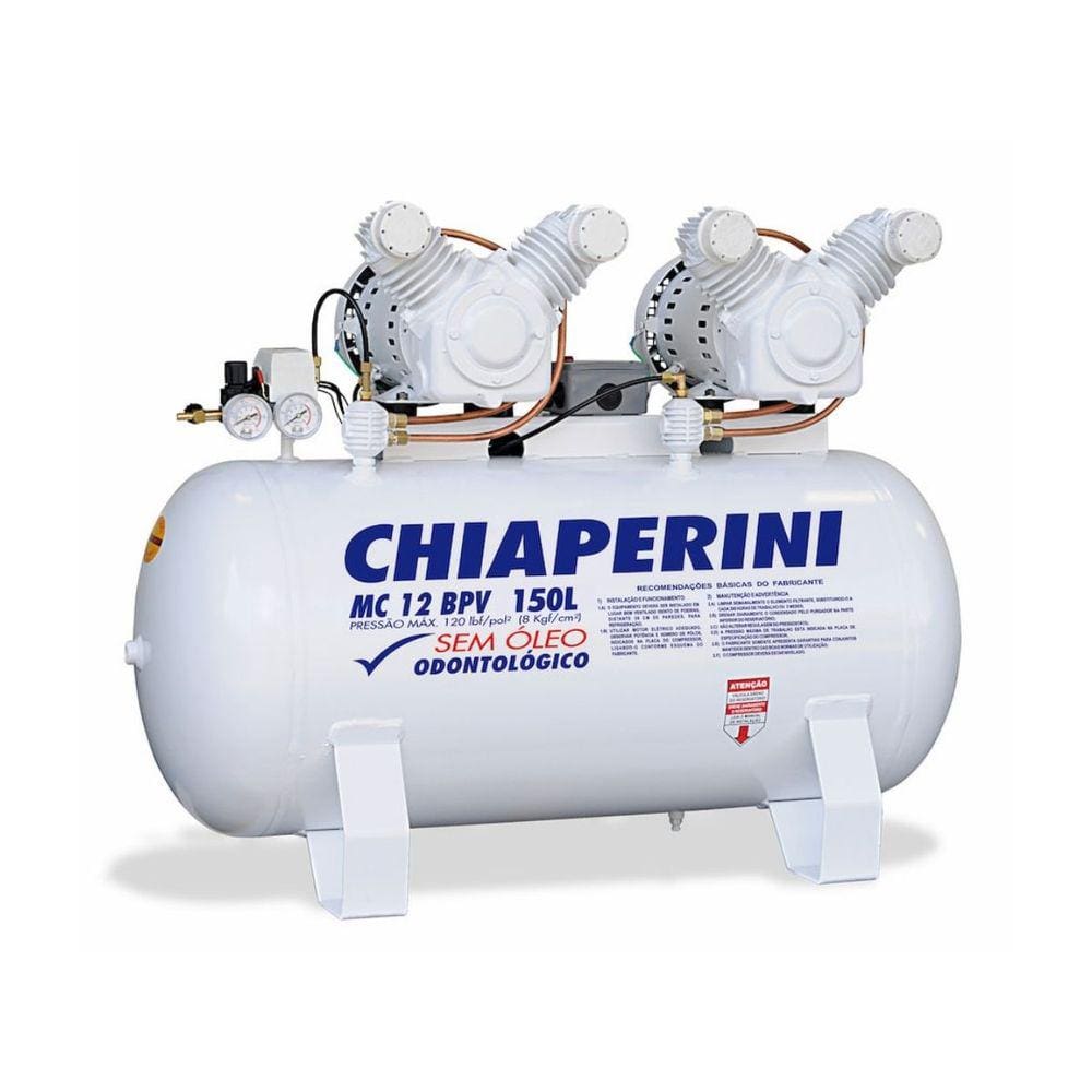 Compressor Odontológico 12 Pcm 150 Litros Isento de óleo 110/220v - MC 12 BPV RV 150 L Chiaperini