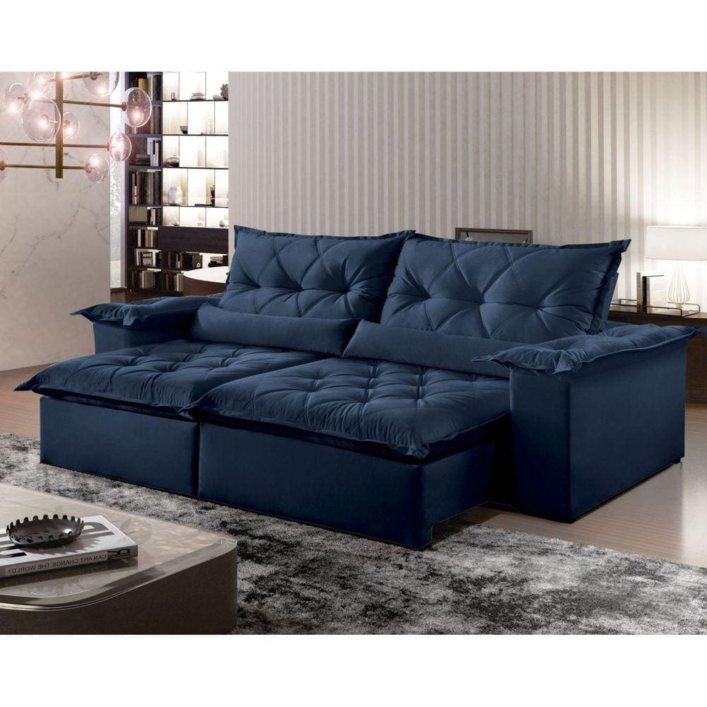 Sofá Reclinável 4 Lugares 250cm Ouro Preto Montano Estofados Veludo Azul Marinho