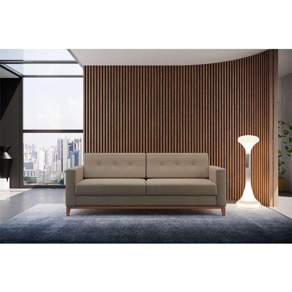 sofá 3 lugares living pés e base em madeira linho cotton bege 180 cm