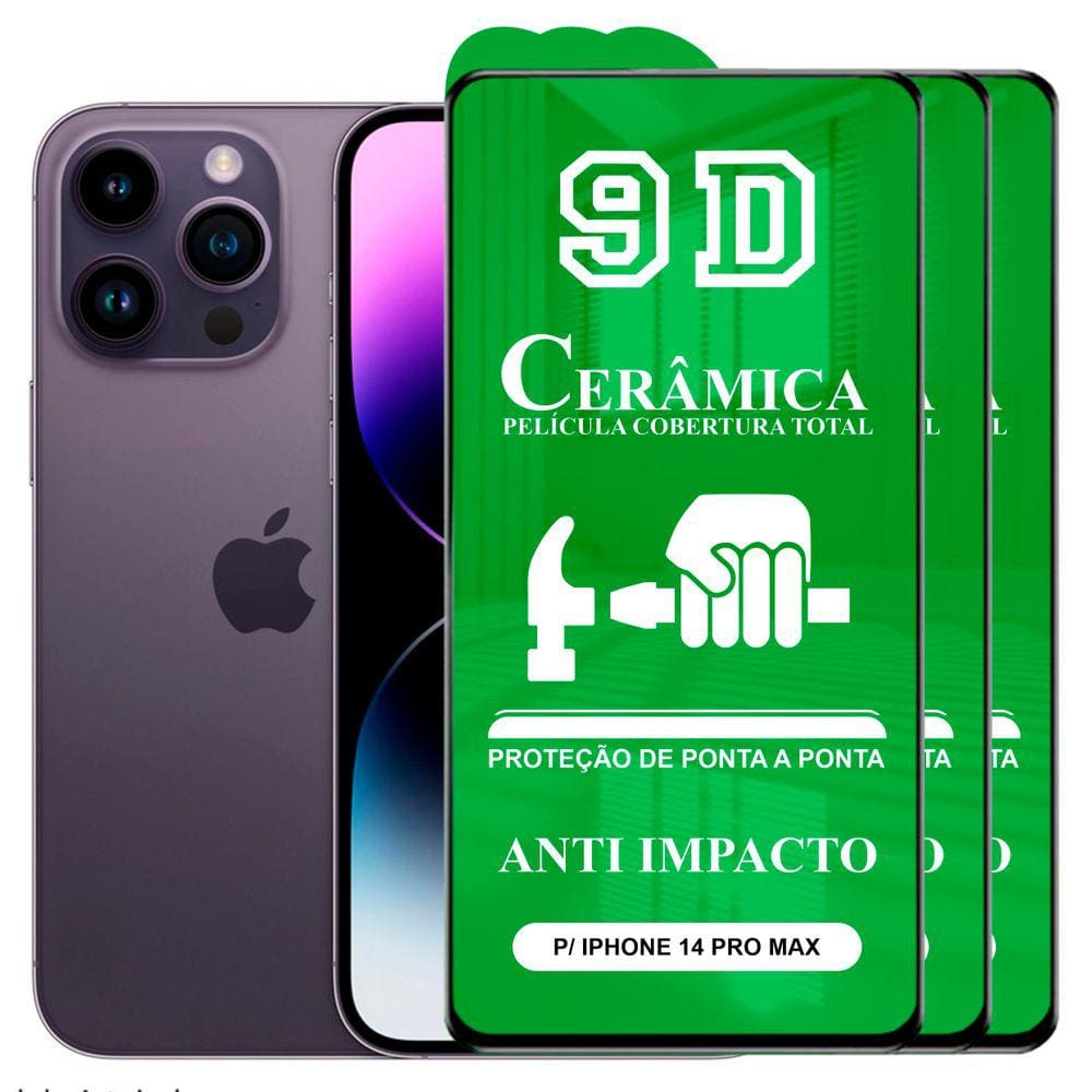 Kit 3x Película 9D Cerâmica iPhöne 14 Pro Max - Protetora Anti Impacto Queda Choque Shock Flexível Nano Gel