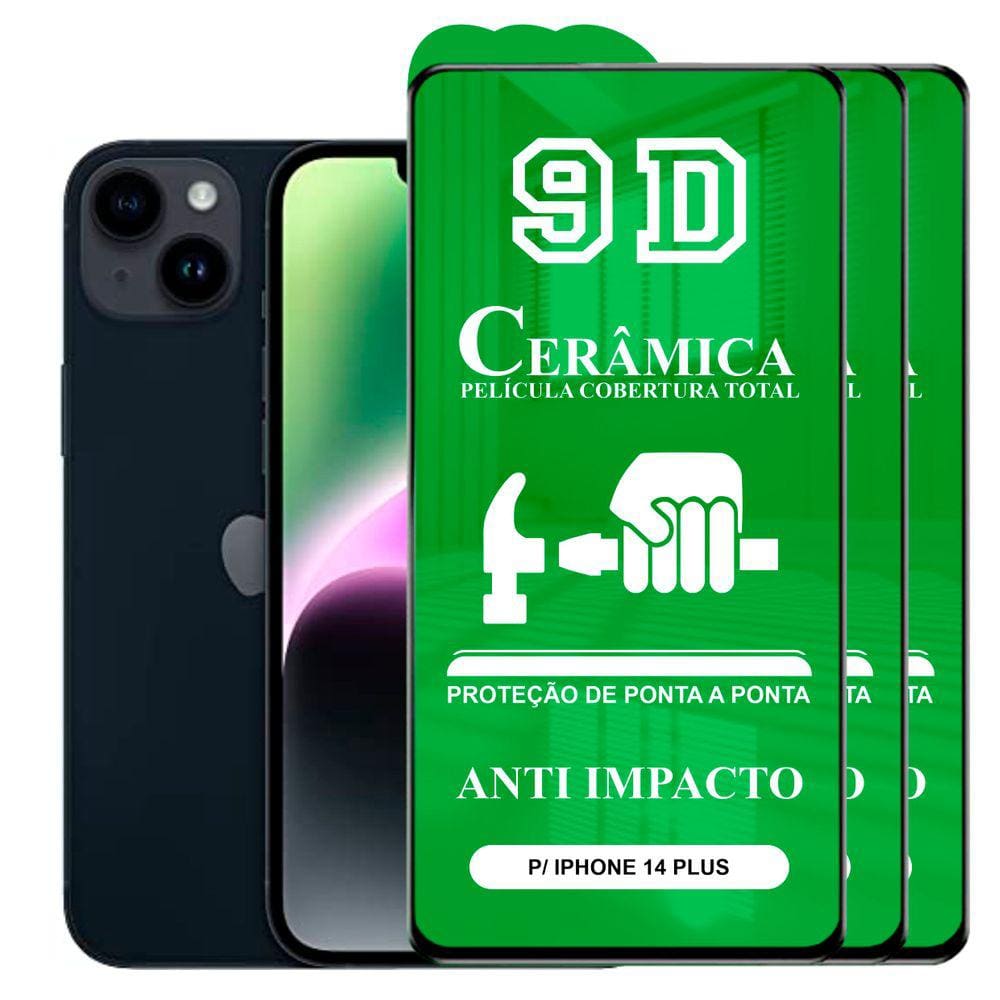 Kit 3x Película 9D Cerâmica iPhöne 14 Plus - Protetora Anti Impacto Queda Choque Shock Flexível Nano Gel