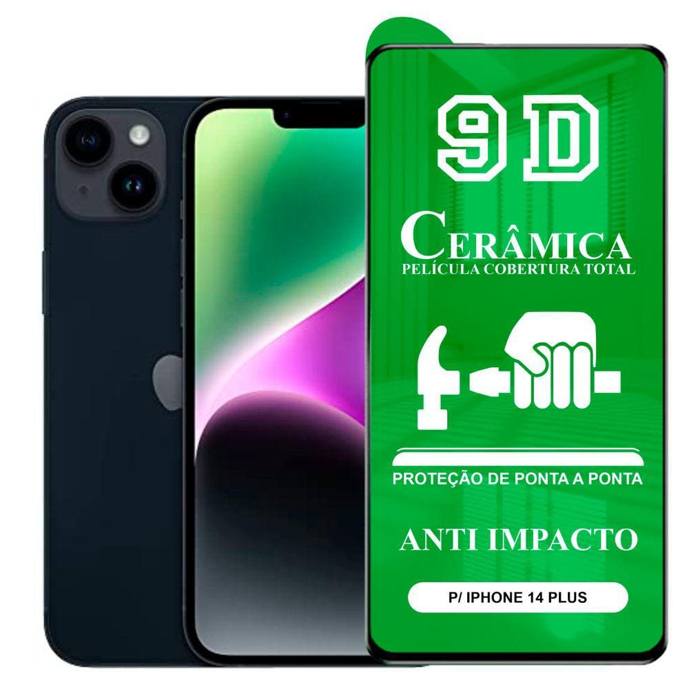 Película 9D Cerâmica iPhöne 14 Plus - Protetora Anti Impacto Queda Choque Shock Flexível Nano Gel