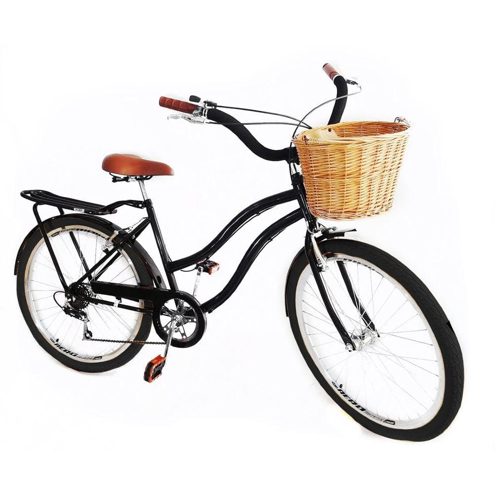 Bicicleta aro 26 retrô 6v cesta de vime bagageiro Preto