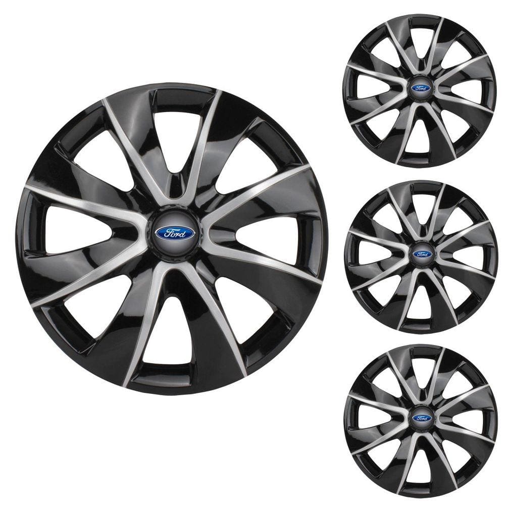 Jogo Calota Aro 14 Prime Black Silver Elitte Preto Prata + Emblema Resinado Ford (Fiesta Ka Ecosport Focus)