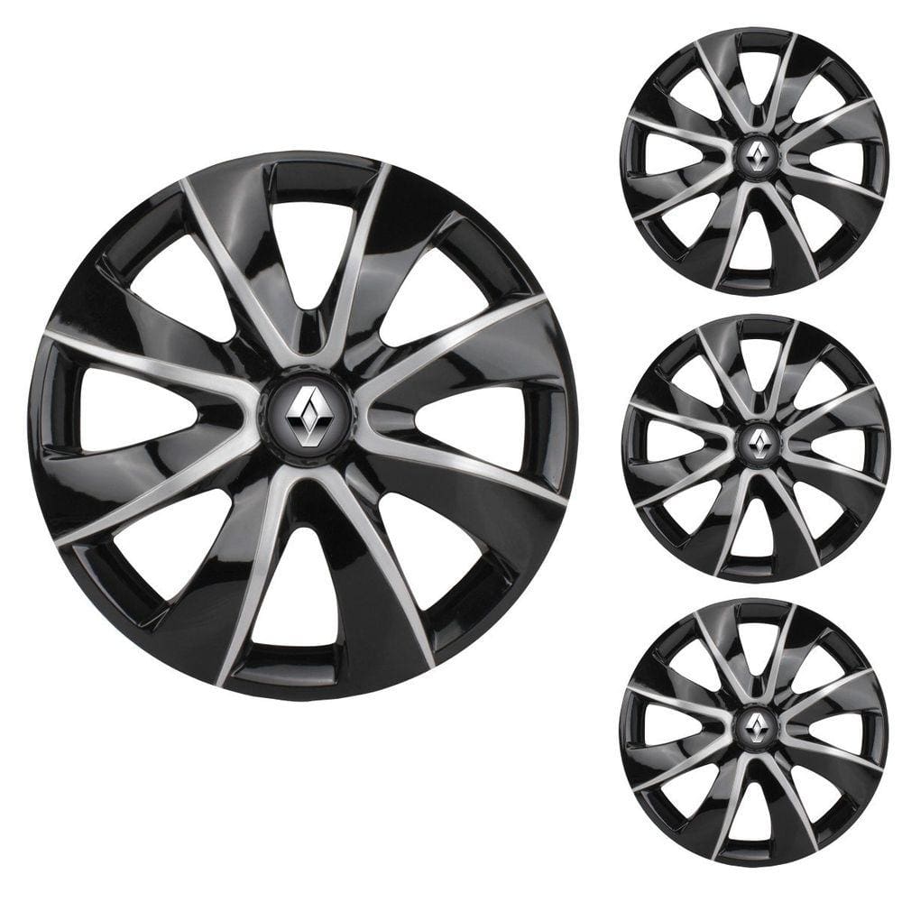 Jogo Calota Aro 14 Prime Black Silver Elitte Preto Prata + Emblema Resinado Renault (Sandero Logan Clio Scenic Megane Kwid)