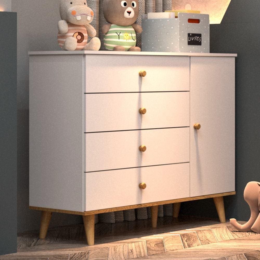 Quarto de Bebê Guarda Roupa 3 Portas com Gavetas Cômoda 4 Gavetas com Porta Lígia Branco Fosco com Bétula Carolina Baby