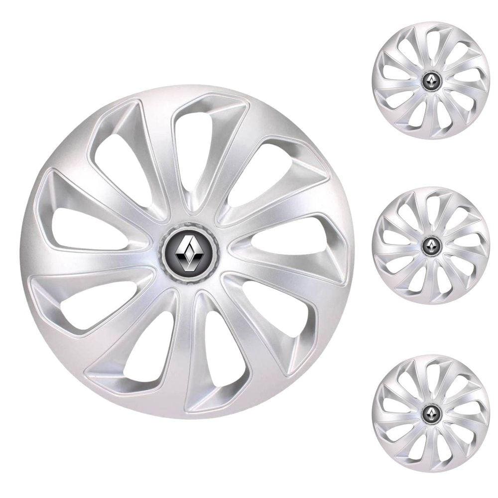 Jogo Calota Aro 13 Velox Silver Elitte Prata + Emblema Resinado Renault (Sandero Logan Clio Scenic Megane Kwid)