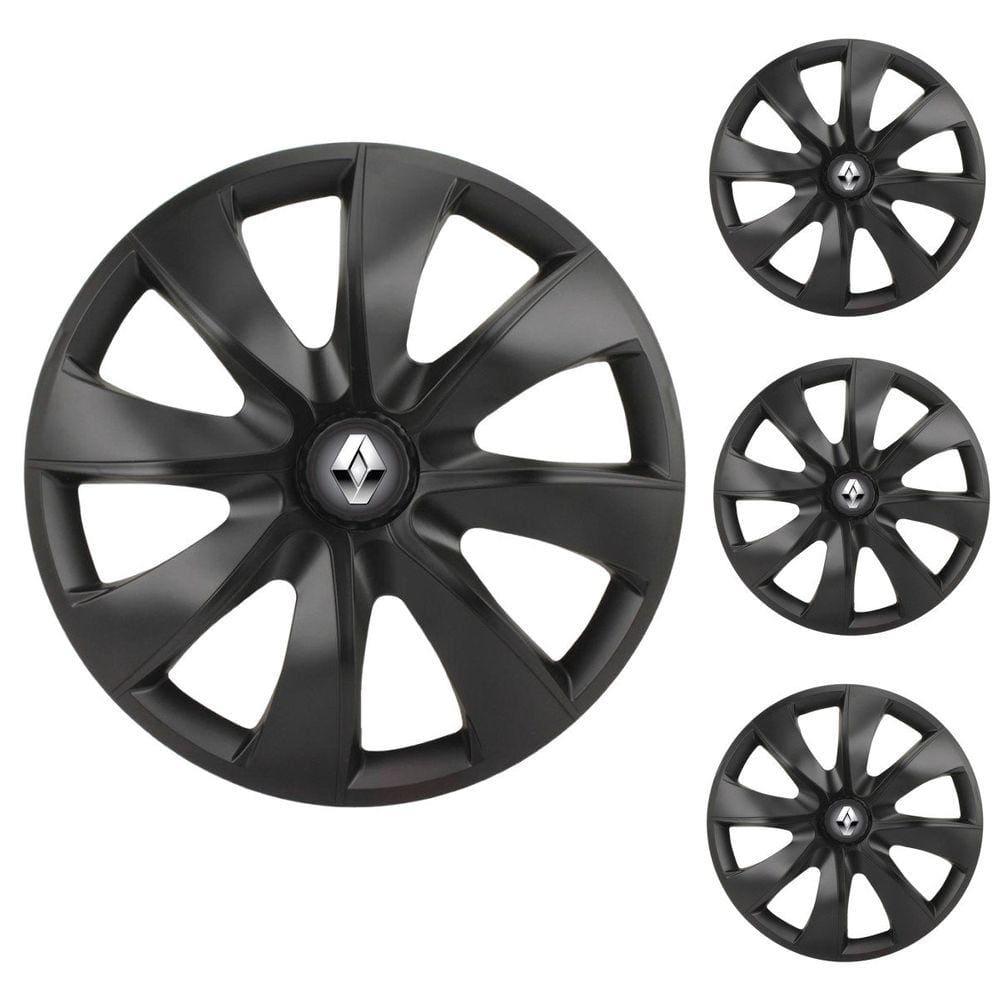 Jogo Calota Aro 14 Prime Fosc Black Elitte Preto Fosco + Emblema Resinado Renault (Sandero Logan Clio Scenic Megane Kwid)