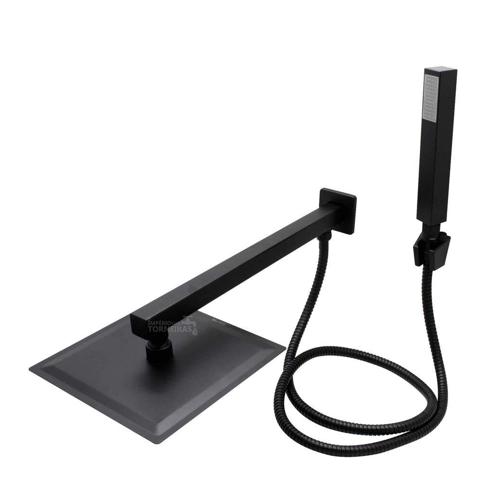 Ducha Chuveiro Quadrada Metal Preto 20X20 Braço Desviador E