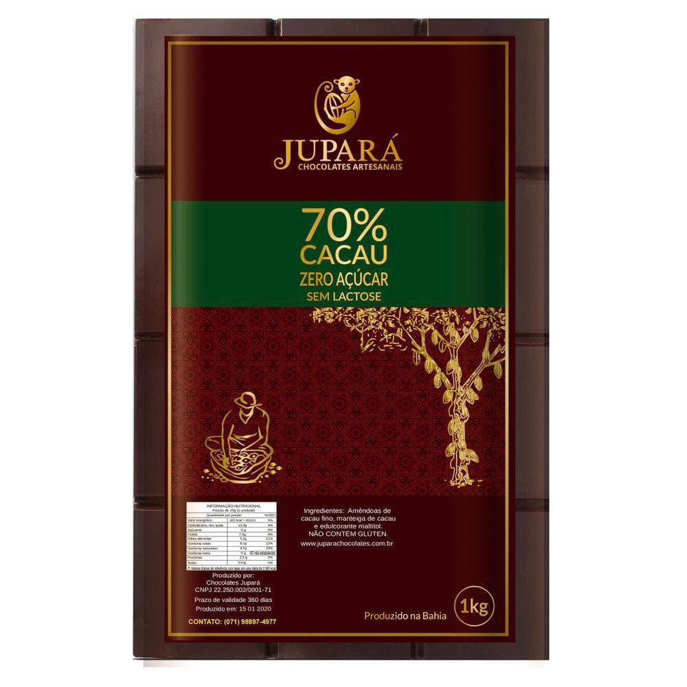 Chocolate Jupará 70% Cacau - Sem Açúcar E Sem Lactose - 1Kg