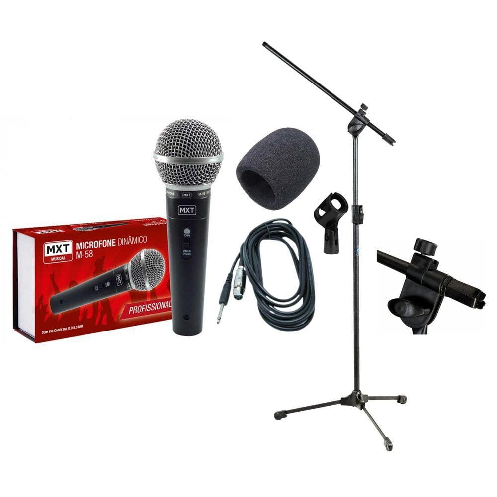Microfone Com Fio Mxt M58 Dinamico + Espuma E Pedestal
