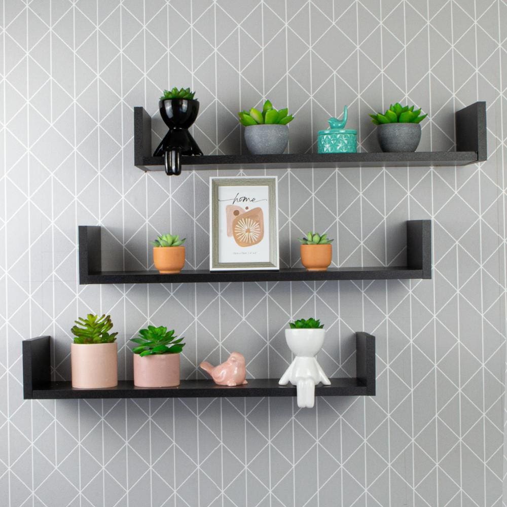 Kit 3 Prateleiras Nichos em U 60x15 MDF Preto com Suporte Flutuante Invisível