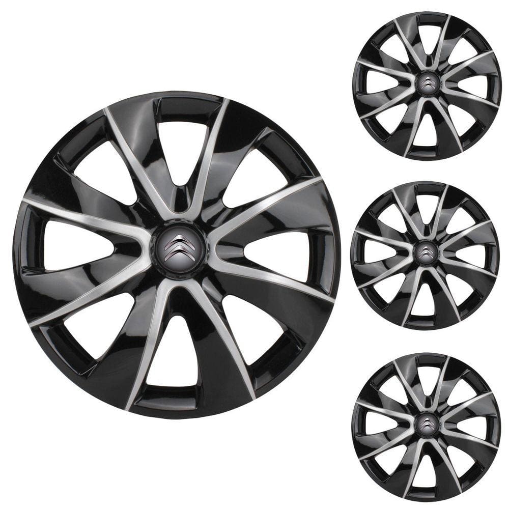 Jogo Calota Aro 14 Prime Black Silver Elitte Preto Prata + Emblema Resinado Citroen (C3 C4 Aircross Berlingo)