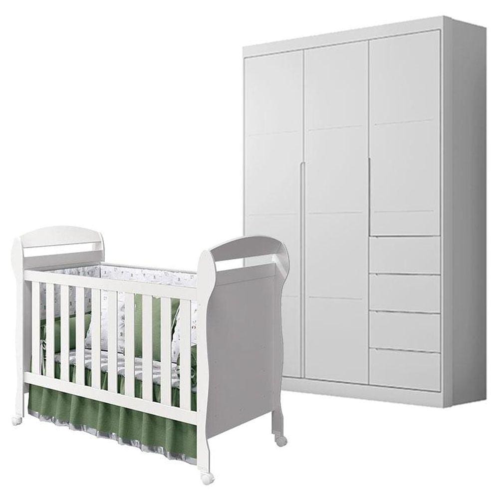 Berço Americano Danny e Guarda Roupa Infantil Eloá Branco Acetinado - Phoenix Baby