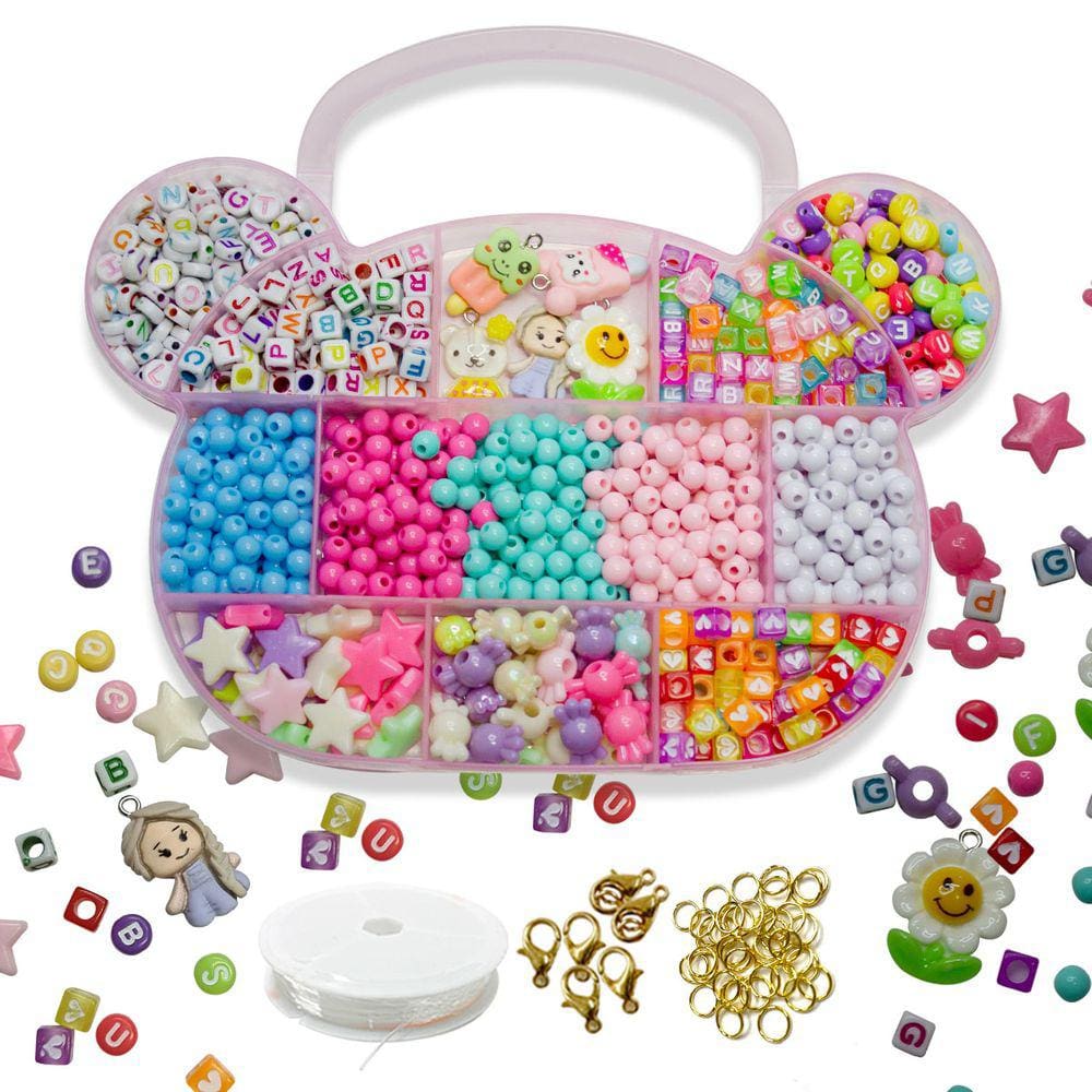 Maleta de Miçangas Infantil Completa Pingente 945 Para Montar Pulseira Letras Coloridas Entremeios