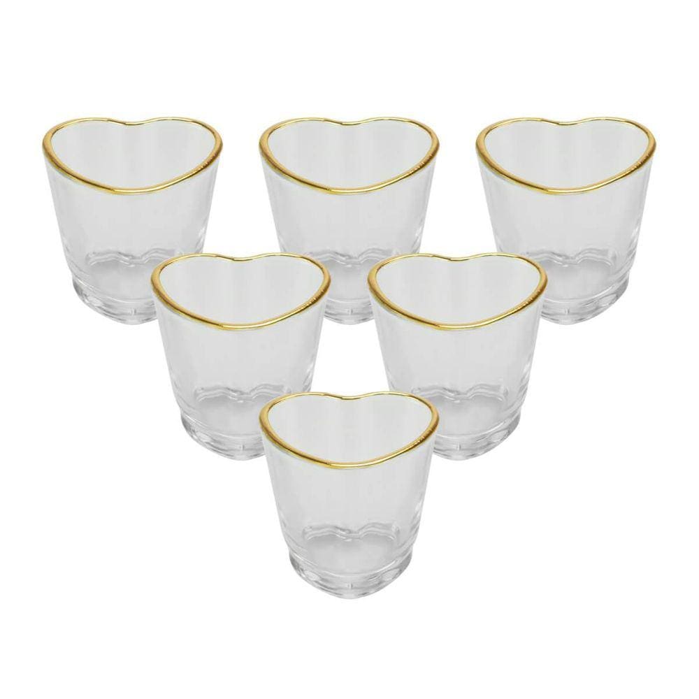 Kit 6 Copos Shot Coração Vidro Com Borda Dourada 50Ml