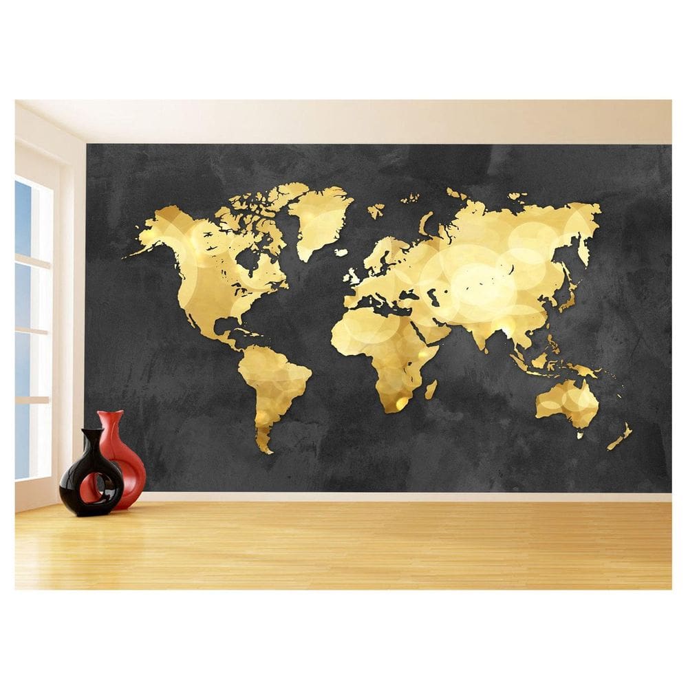 Papel De Parede 3D Mapa Mundi Concreto Dourado 3,5M Nmu48
