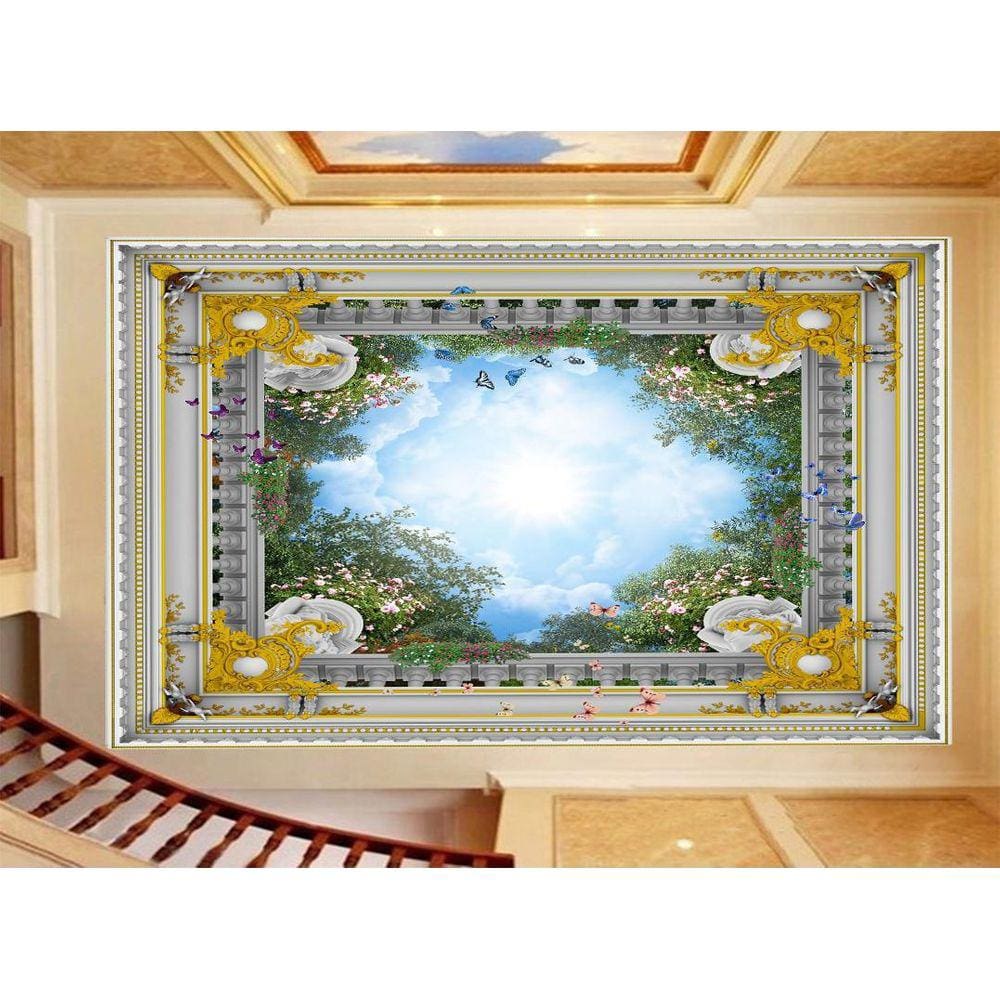 Papel De Teto Céu Azul Nuvens Moldura Impressa 3,5M Rof35