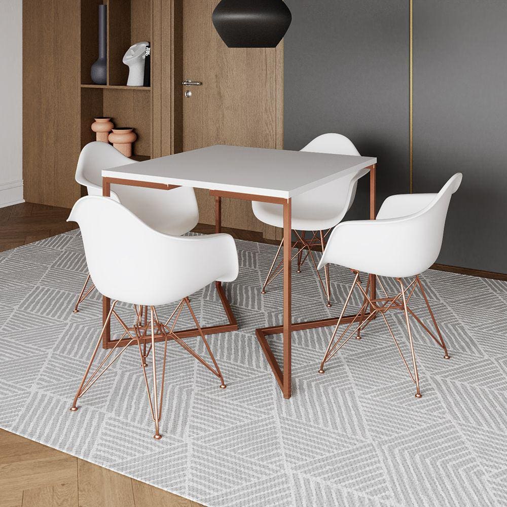 Mesa Jantar Industrial Branca 90cm Quadrada Base Cobre V com 4 Poltronas Eames Eiffel Brancas Pés Co