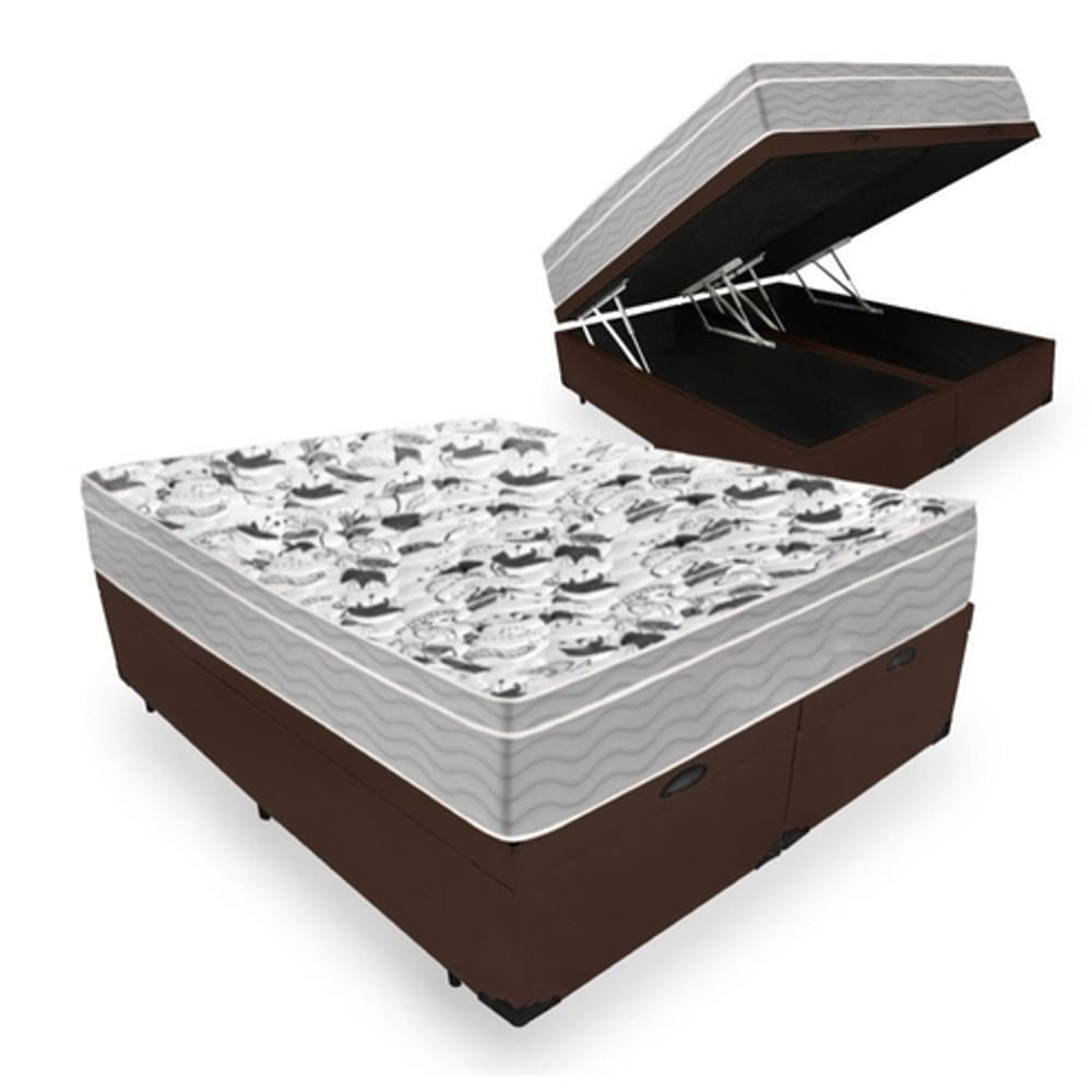 Cama Box Com Baú Queen Bipartido Tecido Sintético Marrom com Colchão De Molas Ensacadas - Probel - Evolution 158cm