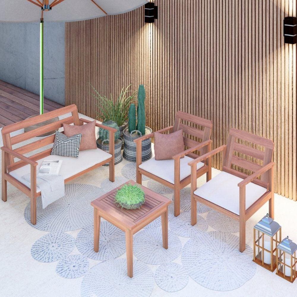 Conjunto para Jardim com 1 Sofá 2 Poltronas 1 Mesa de Centro Madeira Maciça Cairo Cedro Rosa Madeira