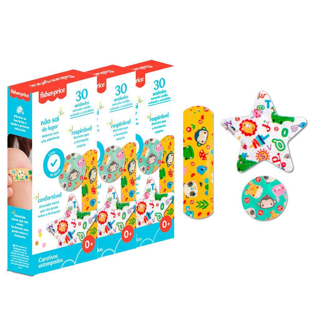Kit 90 Curativos Estampados Respiráveis Livre de Látex Almofada Protetora 3 Tamanhos Fisher Price