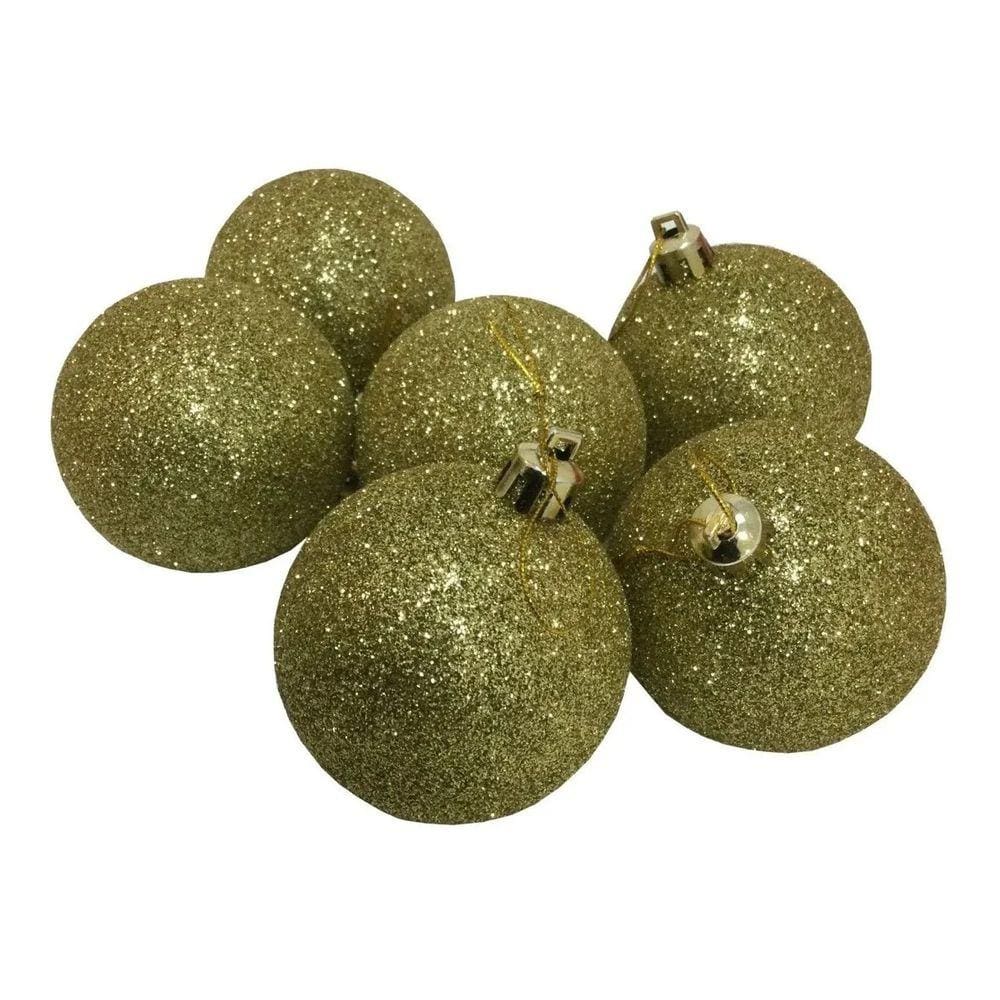 Kit Com 6 Bolas Natalina 6cm Dourada Com Glitter