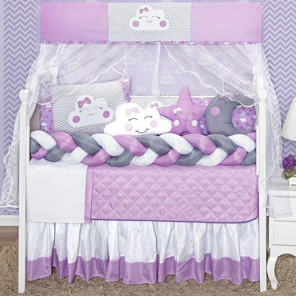 Jogo Enxoval De Berço Feminino Lilás Trança Lateral 12P