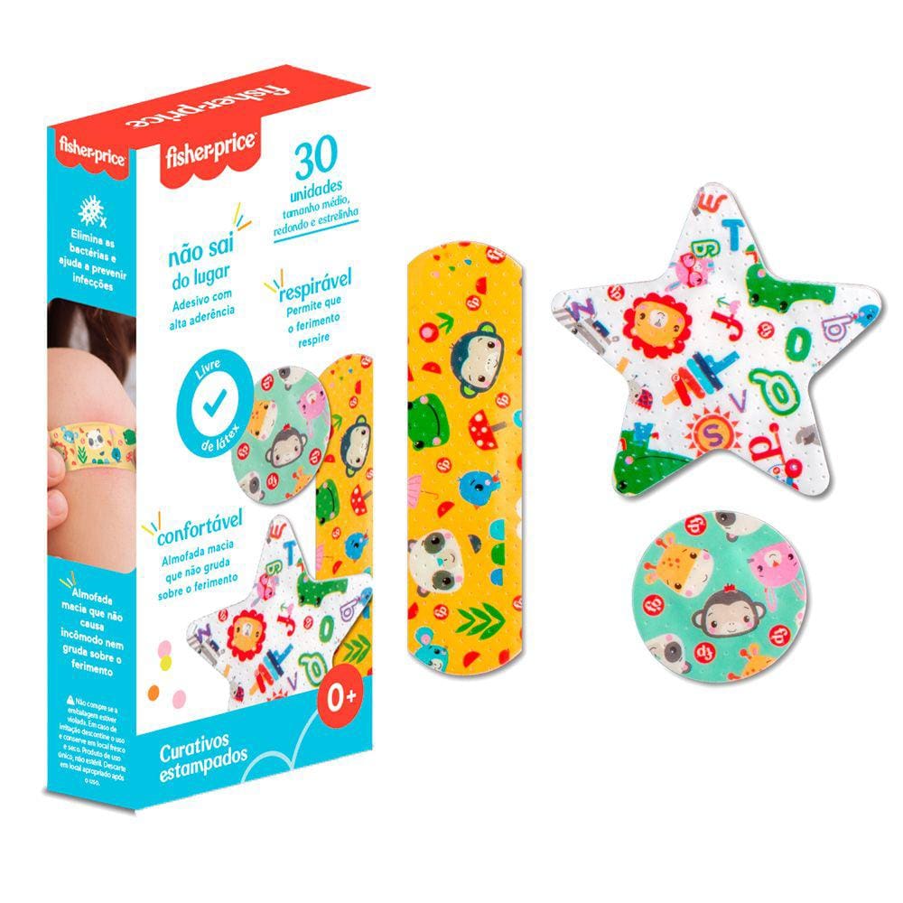 Curativos Estampados Infantis 3 Tamanhos Almofada Protetora Alto Aderente 30 Unidades Fisher Price