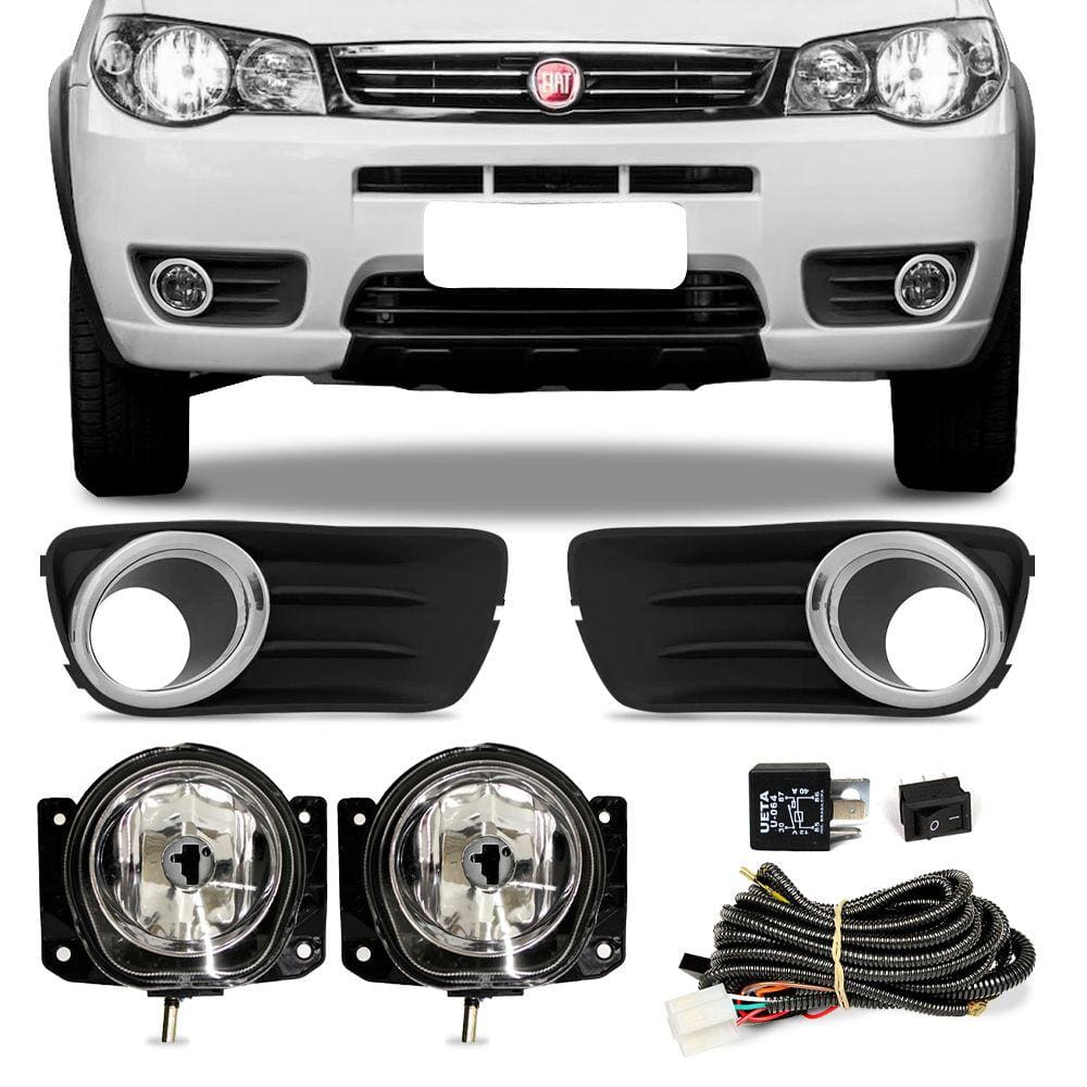 Kit Farol de Milha Palio Way Economy com Grade Moldura Cinza Escuro Aro Cromado Auxiliar Neblina