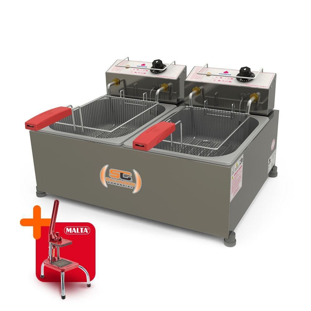 Fritador Óleo 2 Cubas 2 Cestos 3300W Elétrico 10L PR-20E 220V Progás e Cortador de Legumes