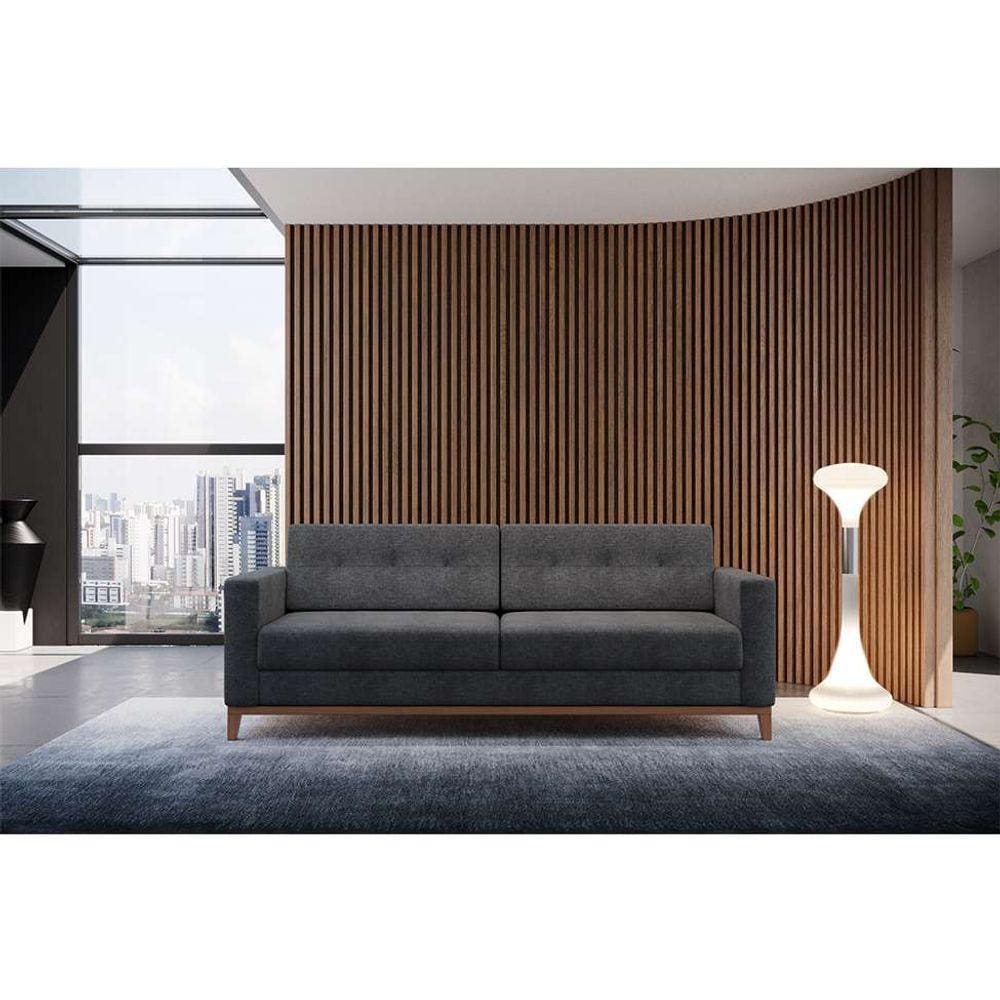 sofá 3 lugares living pés e base em madeira linho cotton grafite 180 cm