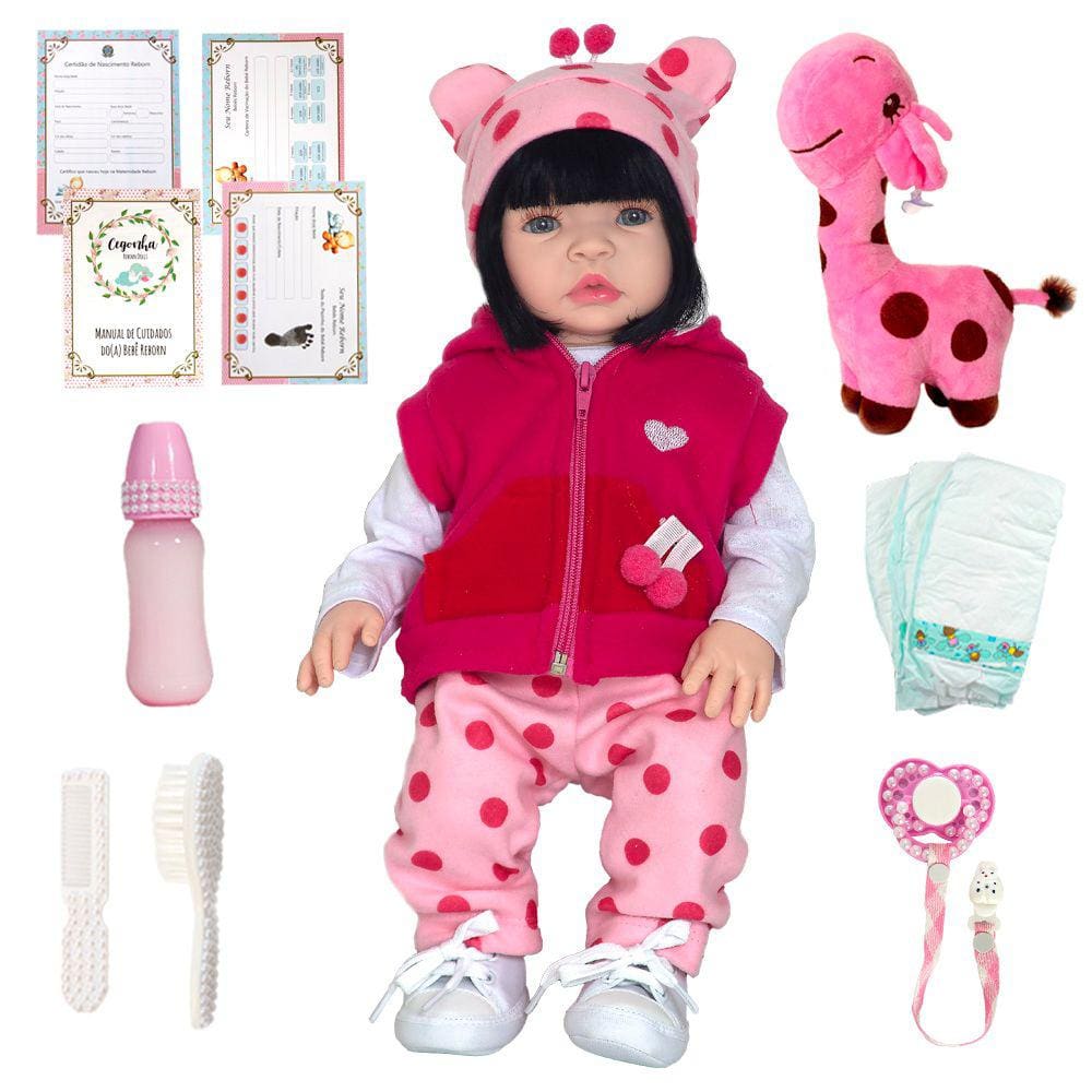 Boneca Bebe Reborn Realista de Silicone NPK 48cm e Girafinha