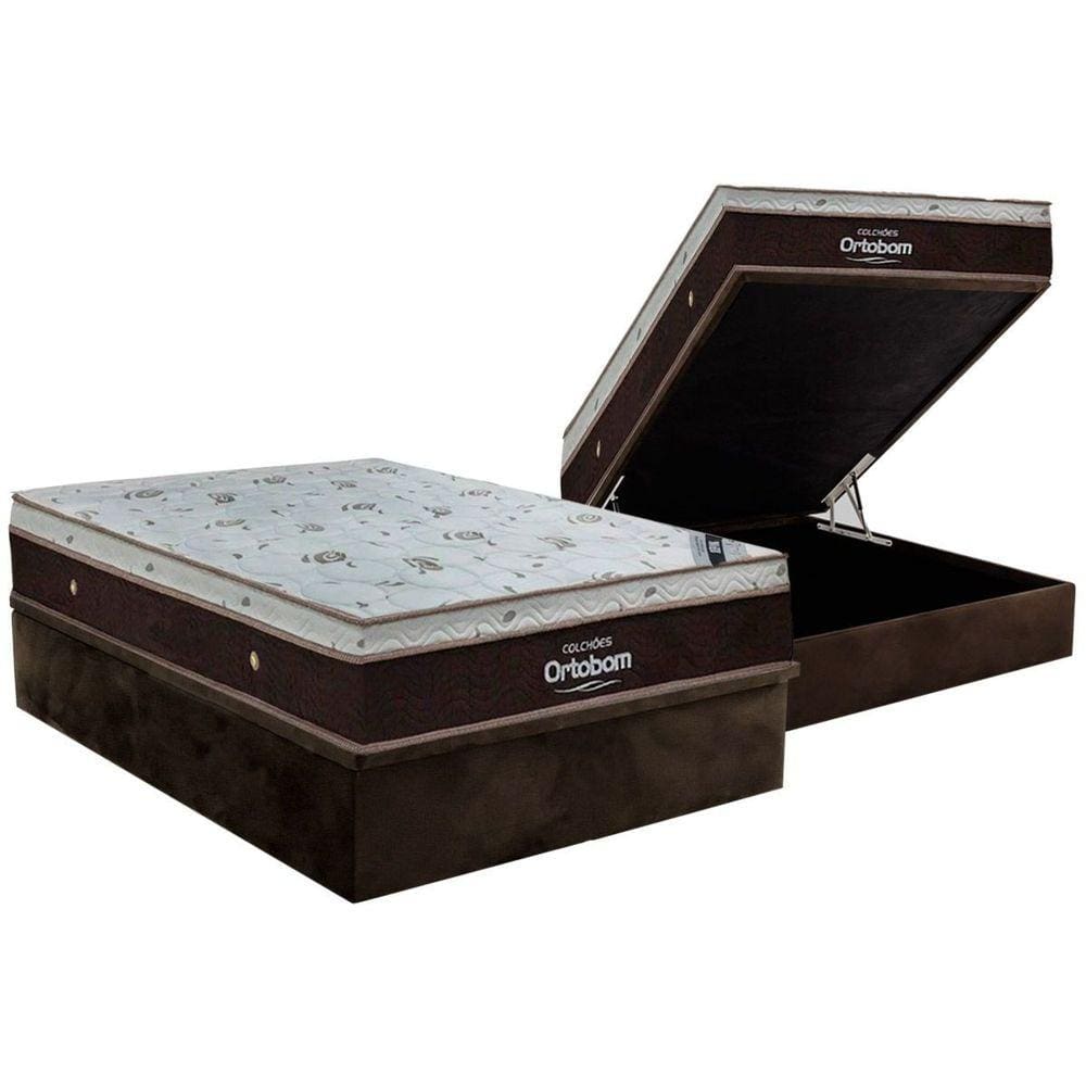 Cama Box Baú Casal: Colchão Molas SuperPocket Ensacadas Ortobom Sleep King Látex + Base CRC Suede Brown(138x188)