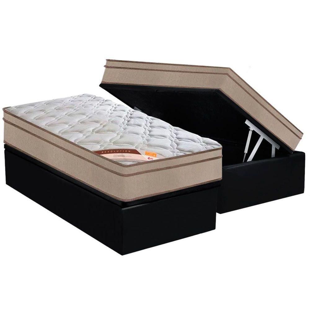 Cama Box Baú Solteiro: Colchão Molas Castor Bonnel Revolution + Base CRC Suede Black(88x188)