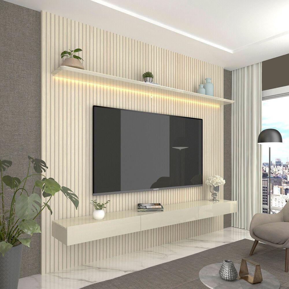 Home para TV Ripado com LED Requinte 220 Off White - Gelius