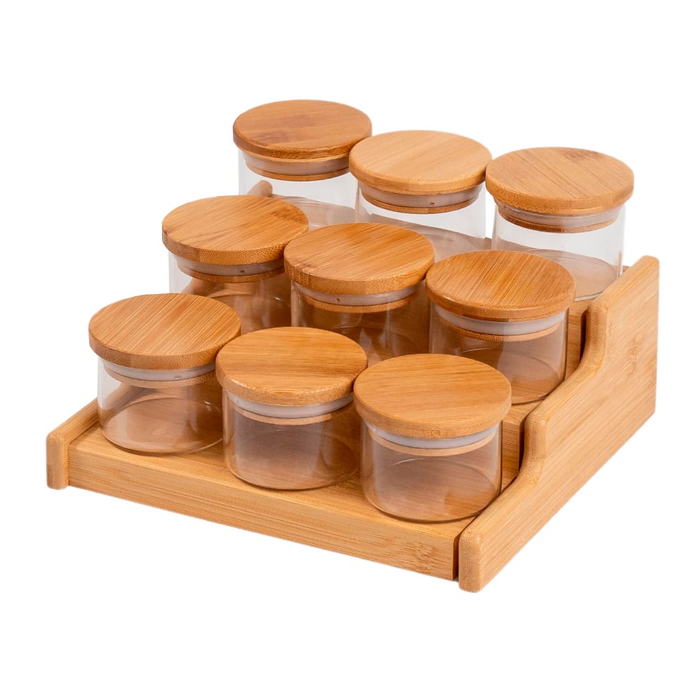 kit 9 potes 110ml tampa bambu e rack organizador bambu Oikos