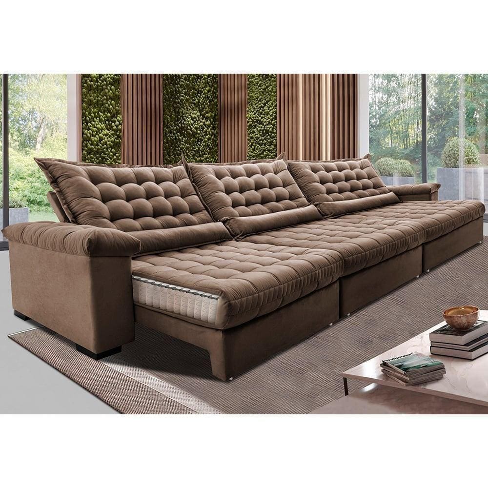 Sofá Retrátil e Reclinável 3,55m Molas Ensacadas Cama inBox Big Space. com Bordado 3D Velusoft